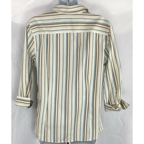Eddie Bauer button up top M blue ivory striped 3/4 cuff sleeve collar career - Picture 3 of 4